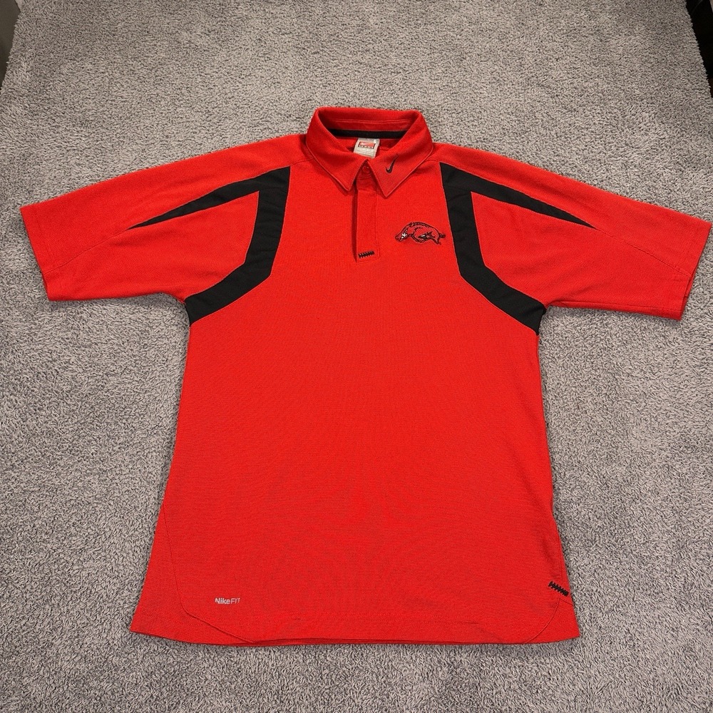 Vintage Arkansas Razorbacks Polo Shirt Men Small Red Nike Team Fit Dry  Football